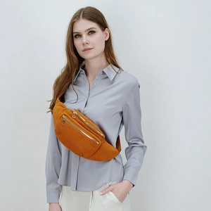 Mustard yellow corduroy belt bag with dual golden zippers for fashion women