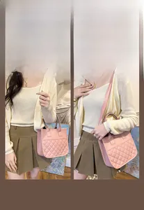 Detailed views of pink quilted PU leather shoulder bag with chic V-pattern stitching