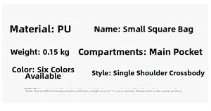 Detailed specification chart showing lightweight PU crossbody bag material and size