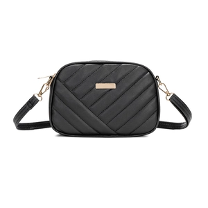 Classic black quilted crossbody camera bag with elegant gold-tone metal hardware and V-stitch