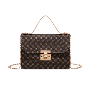 Classic printed small square crossbody bag with gold chain and top handle in dark brown