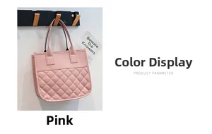 Detailed view of a pink quilted tote bag with diamond stitching hanging on a wooden hook