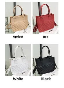 Collage of quilted leather handbags available in apricot, red, white, and black colors