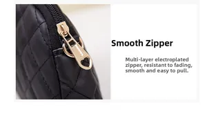 Detailed close-up of smooth gold zipper and black quilted leather on camera bag