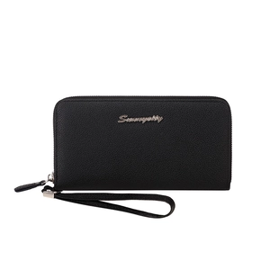 Classic black leather long wallet for women with pebbled texture and gold logo detail