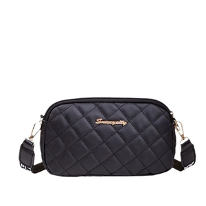Classic black quilted crossbody camera bag with gold logo and wide shoulder strap