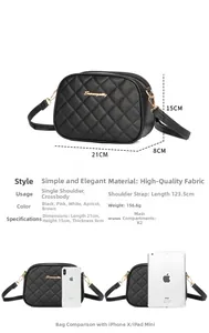 Comparaison détaillée de la taille du sac photo matelassé avec iPhone et dimensions