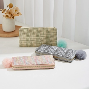 Portefeuille Long Femme Tissage Tweed PU Cuir Pochette Avec Pompon Et Dragonne Emplacements Pour Cartes Support Téléphone