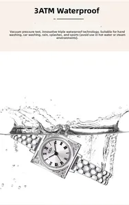 Detail of GEDI square silver watch with rhinestones showing 3ATM waterproof splash effect