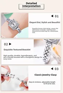 Detail view of square dial with jewelry clasp and adjustable silver metal watch chain