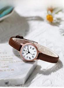 Dettaglio della cassa dell'orologio rosa con quadrante a numeri romani e cinturino marrone