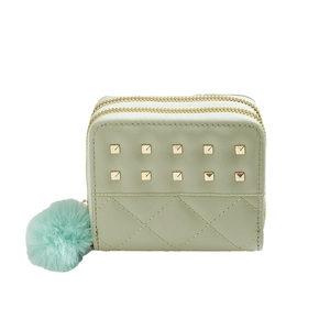 Portefeuille vert menthe avec rivets pour femmes avec double fermeture et pompon