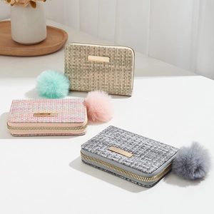Women Tweed Woven Coin Purse Mini Zip Around Wallet With Pom Pom Charm Fashionable Card Holder Elegant Portable Pouch
