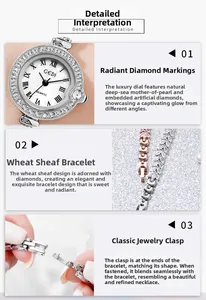 Detail of quartz watch with mother of pearl dial and diamond-set wheat ear strap