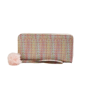 Portefeuille tissé à carreaux avec dragonne et accessoire porte-clés pompon rose