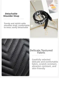 Detail of detachable wide strap with letter print and geometric stitching on black bag
