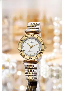 Macro detail of retro gold quartz watch with Roman numerals and dual-tone metal strap