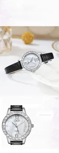 Detail of GEDI quartz watch with mother of pearl dial and crystal bezel on black leather strap