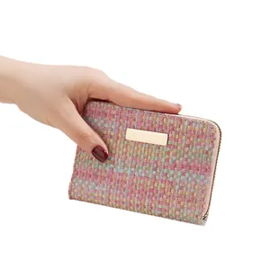 Colorful woven mini card wallet for women with golden metal plate and zipper closure