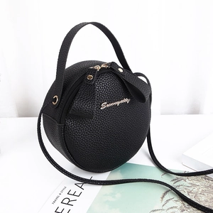 Classic black round leather handbag with lychee texture and golden metal hardware