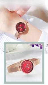 Detail of red sunray dial watch with rose gold mesh strap worn on woman's wrist