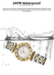 Macro shot of quartz watch with 3ATM waterproof rating showing water splash resistance