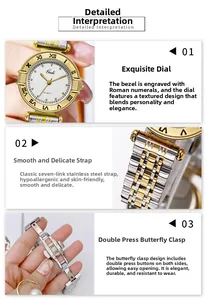 Detailed views of steel Roman numeral watch dial, link bracelet, and butterfly clasp