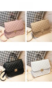 Detailed grid view of quilted women backpacks in pink, khaki, black and white colors