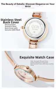 Detail showing the stainless steel case back and IP plating of this stylish rose gold watch