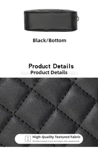 Détails de la texture matelassée noire et vue du fond plat de la sacoche appareil photo