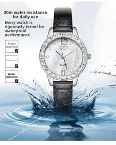 Detail view of GEDI quartz watch with water splash effect showing 30M water resistance