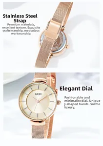 Close-up of minimalist rose gold watch featuring mesh steel strap and GEDI logo dial