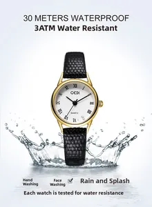 Détail de la montre à quartz vintage dorée avec étanchéité 3ATM et design d'éclaboussures