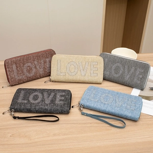 Γυναικείο Vintage Denim Texture Canvas Μακρύ Πορτοφόλι Σχέδιο με Γράμματα LOVE από Στρας Πολλαπλές Θήκες Καρτών Τσαντάκι με Λουράκι