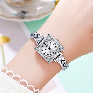 Elegant GEDI square quartz watch for women with silver rhinestone case and metal link strap