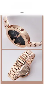 Gros plan du bracelet en acier inoxydable rose doré et du cadran noir de la montre