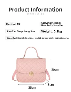 Pink quilted backpack showing PU material texture and dimensions 25x20x8cm on white background