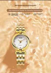 Detailed view of gold quartz watch for women with 30m waterproof rating and crystal hour markers