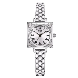 Elegant vintage square face quartz watch with Roman numerals and silver ball-link chain band