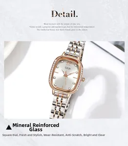 Détail de la lunette carrée sertie de diamants avec verre minéral et bracelet bicolore