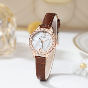 Women Quartz Watch Mother Of Artificial Pearl Dial Rhinestone Bezel Faux Leather Strap Waterproof Elegant Fashion Wristwatch