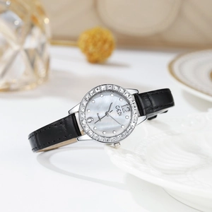GEDI luxury women watch with mother of pearl dial and rhinestone bezel on leather strap