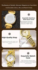 Detailed view of GEDI gold women watch with mineral glass and engraved stainless steel back