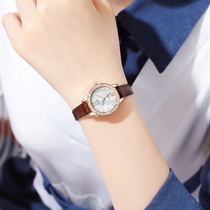 GEDI Women's Quartz Watch with Rose Gold Rhinestone Case and Brown Leather Strap