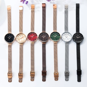 Elegant minimalist women's watches with metallic mesh straps in various colors