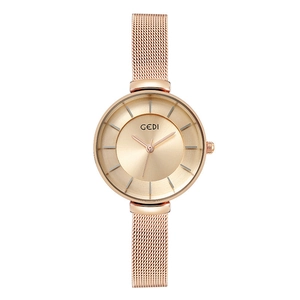 Elegant rose gold women's watch with minimalist sunburst dial and Milanese mesh strap