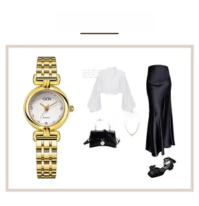 Golden quartz watch for women with rhinestone markers and matching fashion accessories