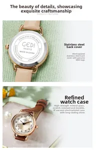 Close-up of rose gold watch dial and engraved stainless steel back with leather strap