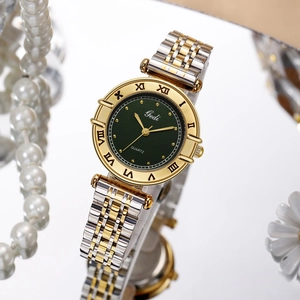 Gedi women's steel quartz watch with dark green dial and Roman numeral gold bezel