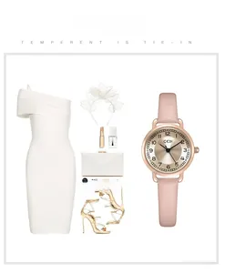 Detailed view of GEDI quartz watch with pink leather strap and champagne numeric dial